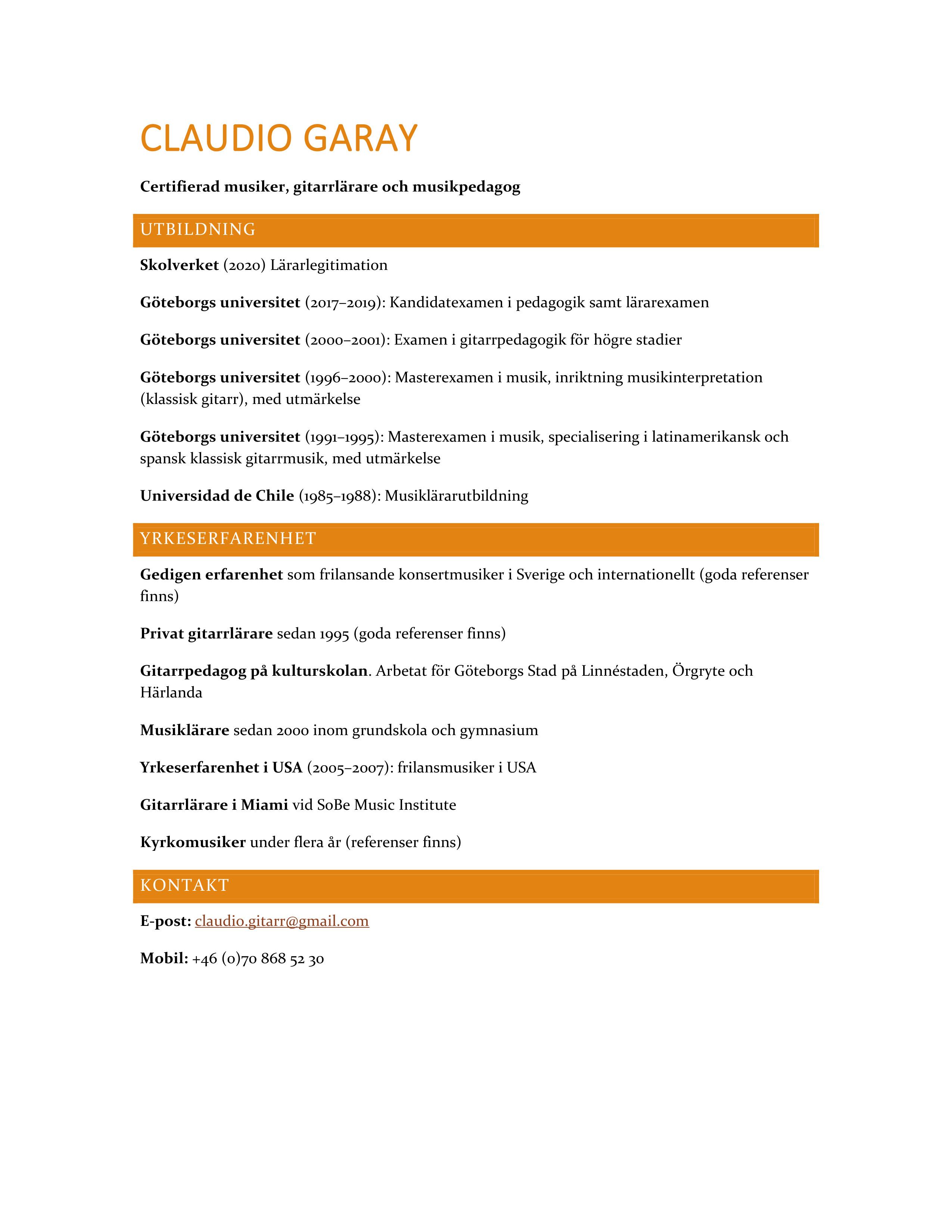 Kort CV Claudio Garay